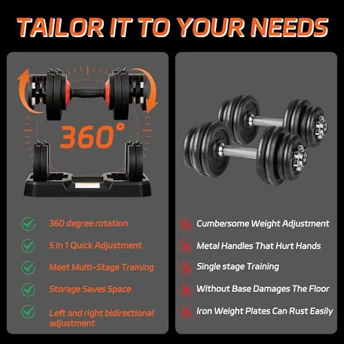 ALTLER Adjustable Dumbbell, 55LB Dumbbell Set with Tray for Workout Strength Training Fitness, Adjustable Weight Dial Dumbbell with Anti-Slip Handle and Weight Plate for Home Exercise