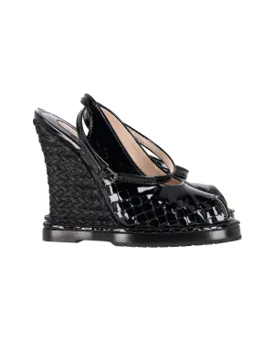 Bottega Veneta Intrecciato Peep-Toe Wedge Sandals in Black Patent Leather