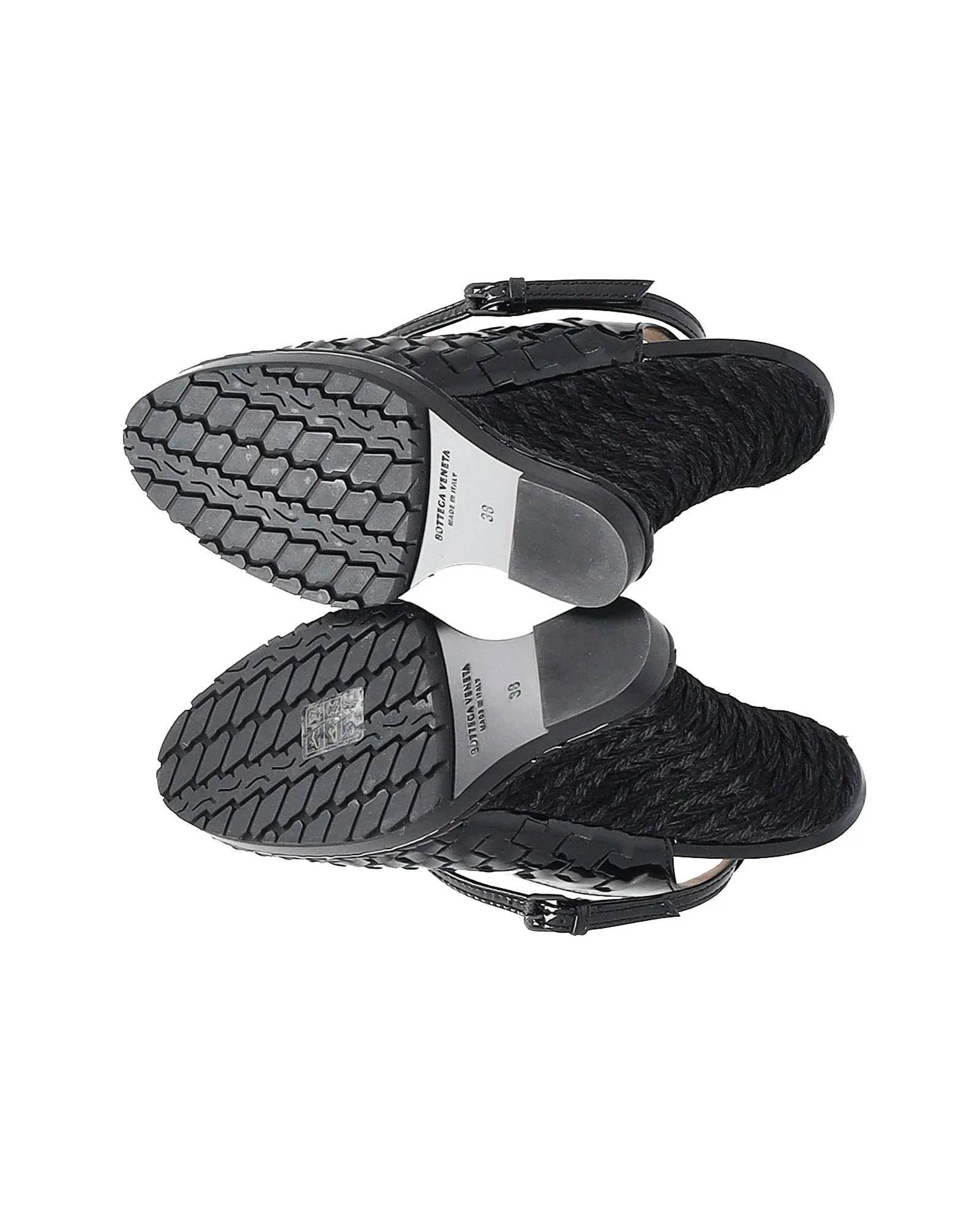 Bottega Veneta Intrecciato Peep-Toe Wedge Sandals in Black Patent Leather