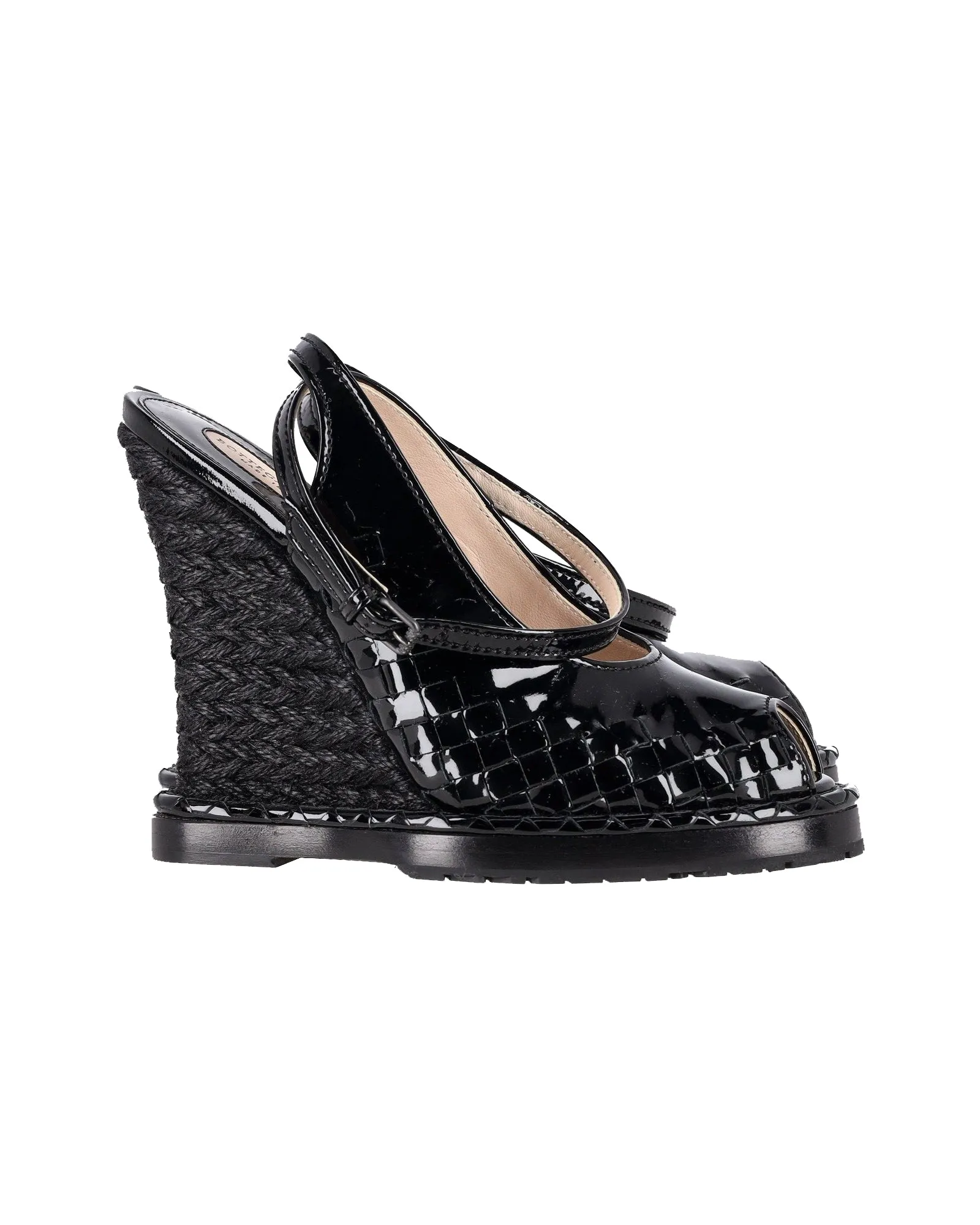 Bottega Veneta Intrecciato Peep-Toe Wedge Sandals in Black Patent Leather