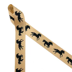 Equestrian ribbon horse running in black printed on 7/8" tan grosgrain