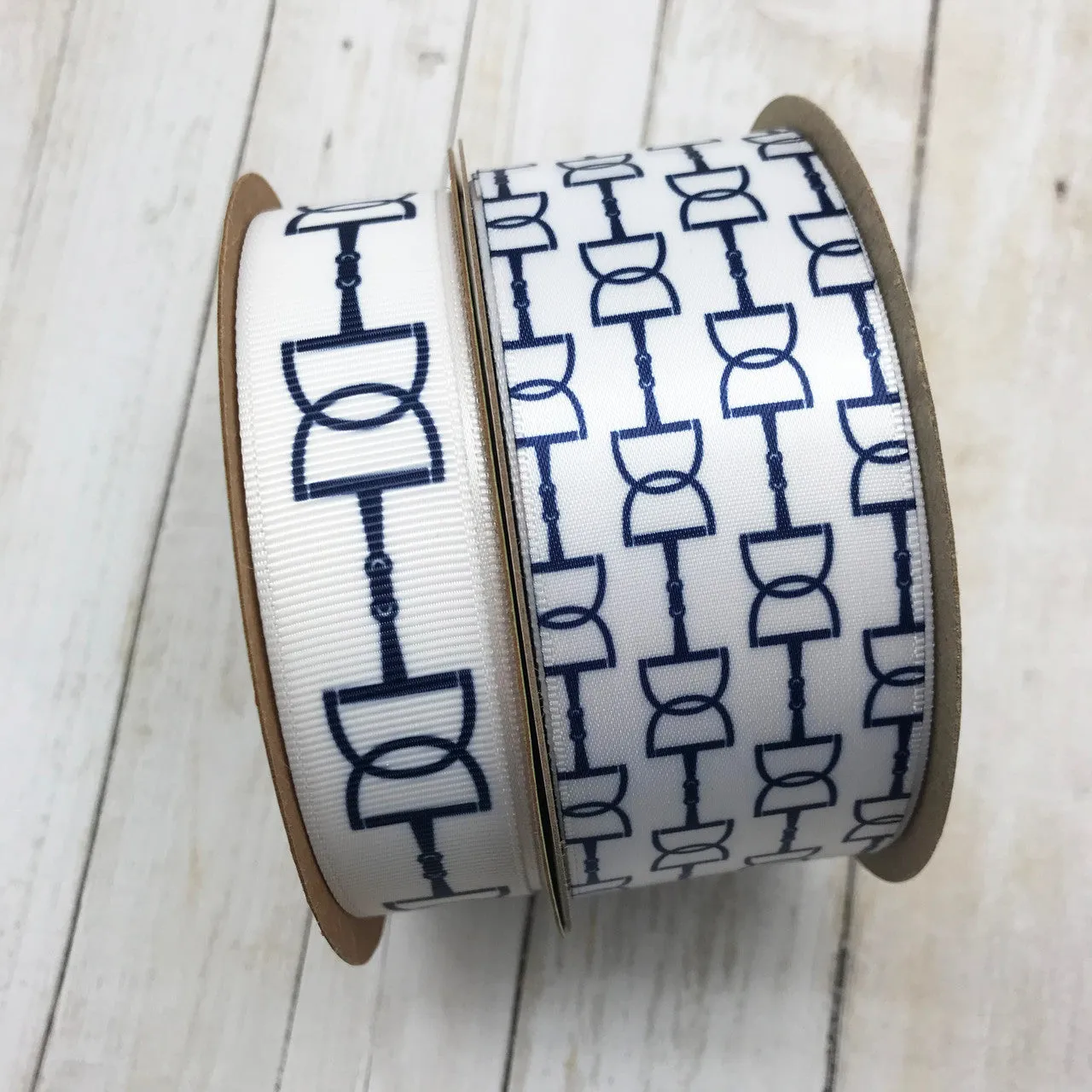 Equestrian Snaffle bit ribbon in navy blue printed on 1.5" white satin