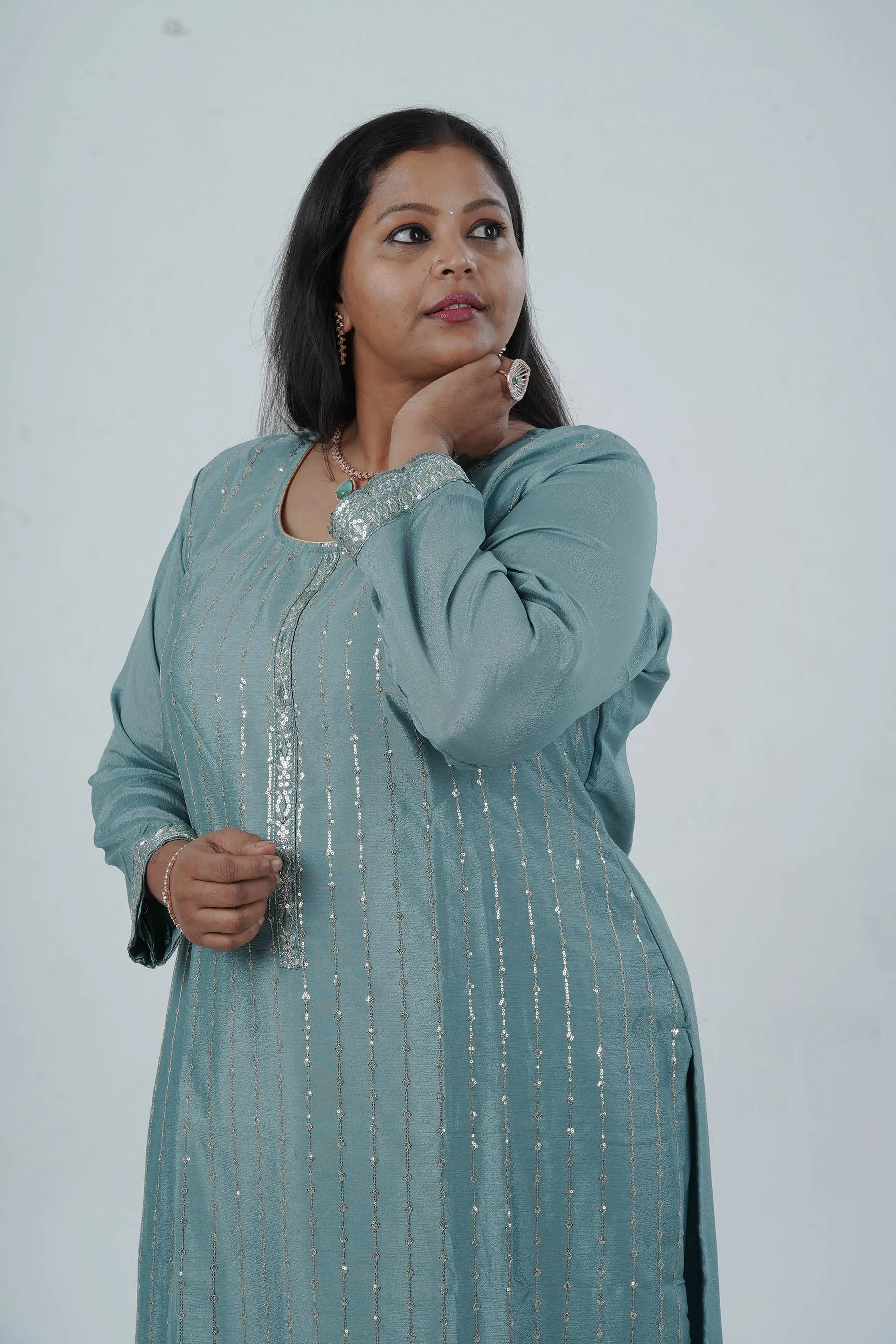 Exquisite Embroidered Chinnon Salwar Kamaz: Elegant Kurti with Sequins Work