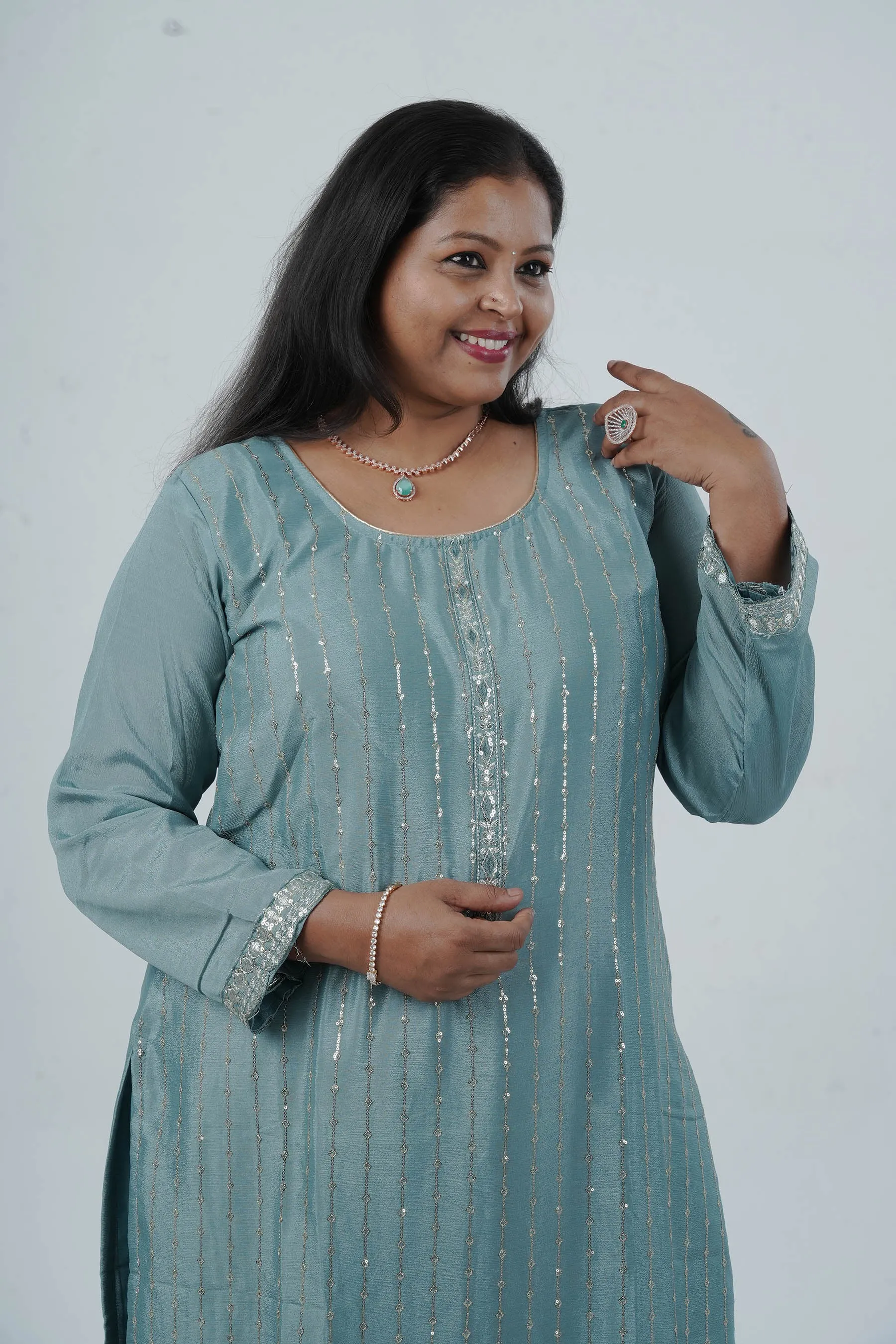 Exquisite Embroidered Chinnon Salwar Kamaz: Elegant Kurti with Sequins Work