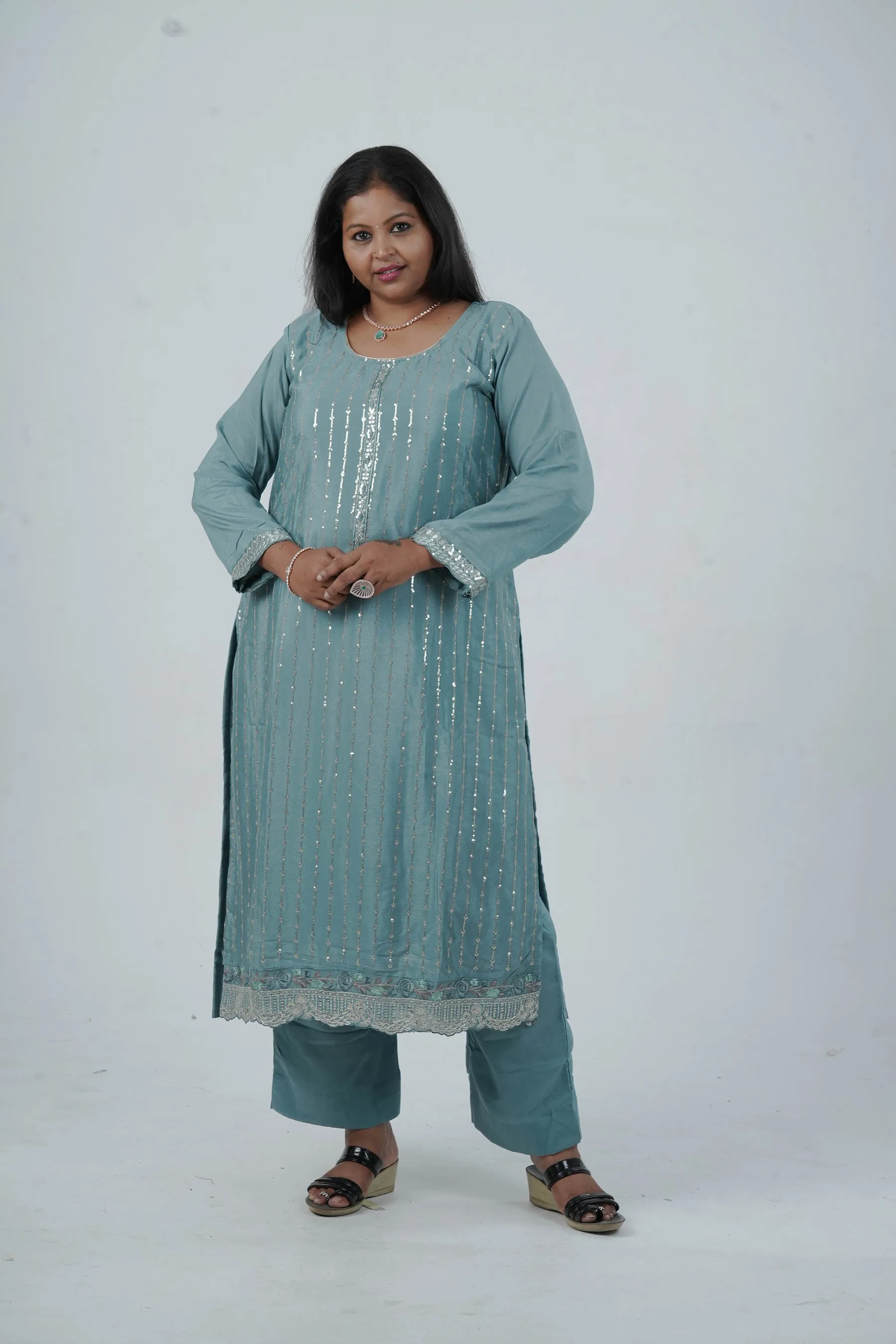 Exquisite Embroidered Chinnon Salwar Kamaz: Elegant Kurti with Sequins Work