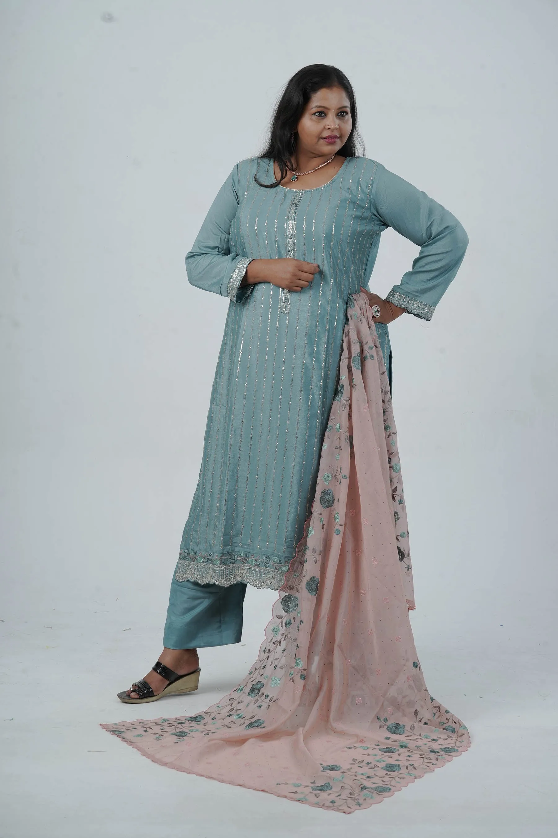 Exquisite Embroidered Chinnon Salwar Kamaz: Elegant Kurti with Sequins Work