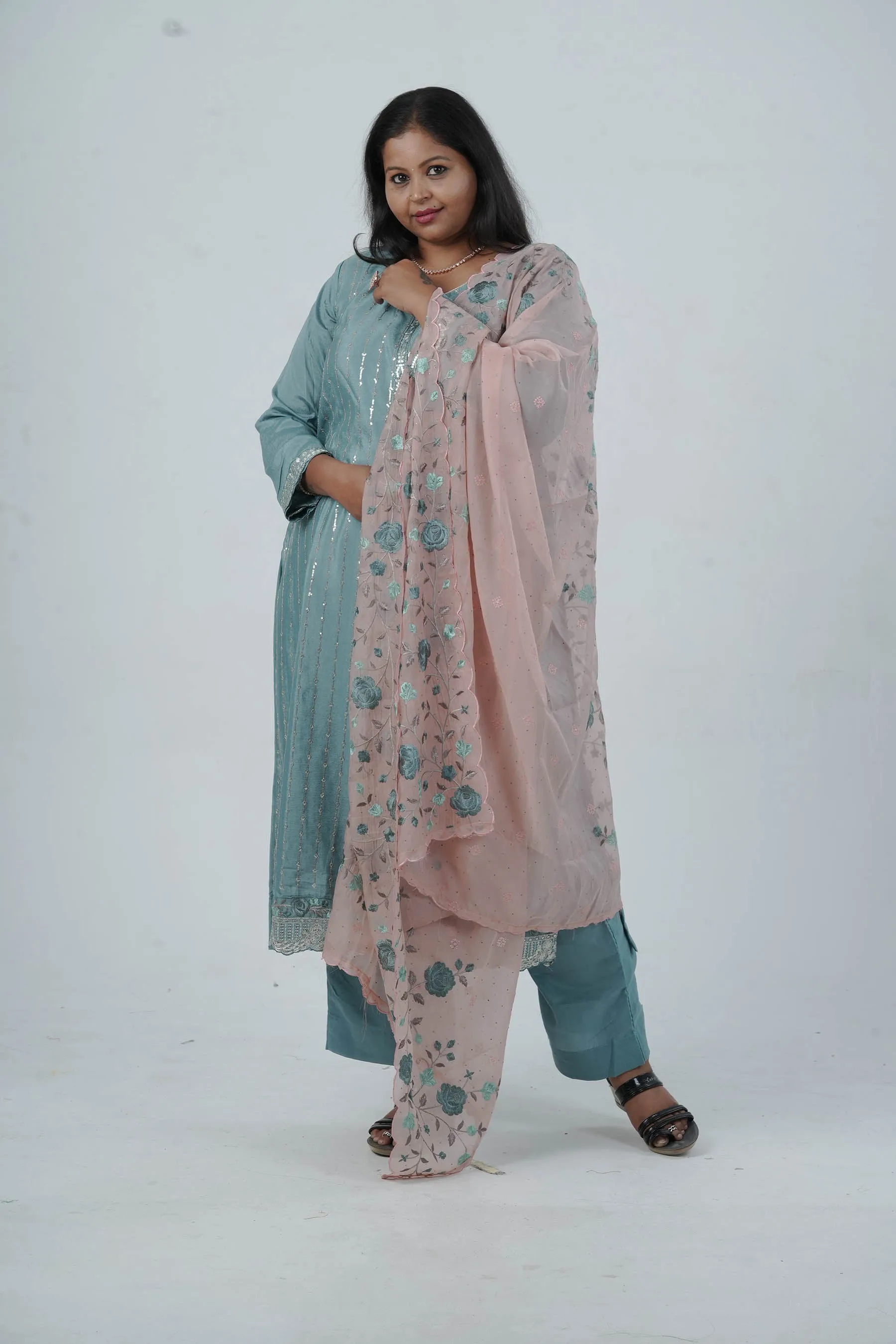 Exquisite Embroidered Chinnon Salwar Kamaz: Elegant Kurti with Sequins Work