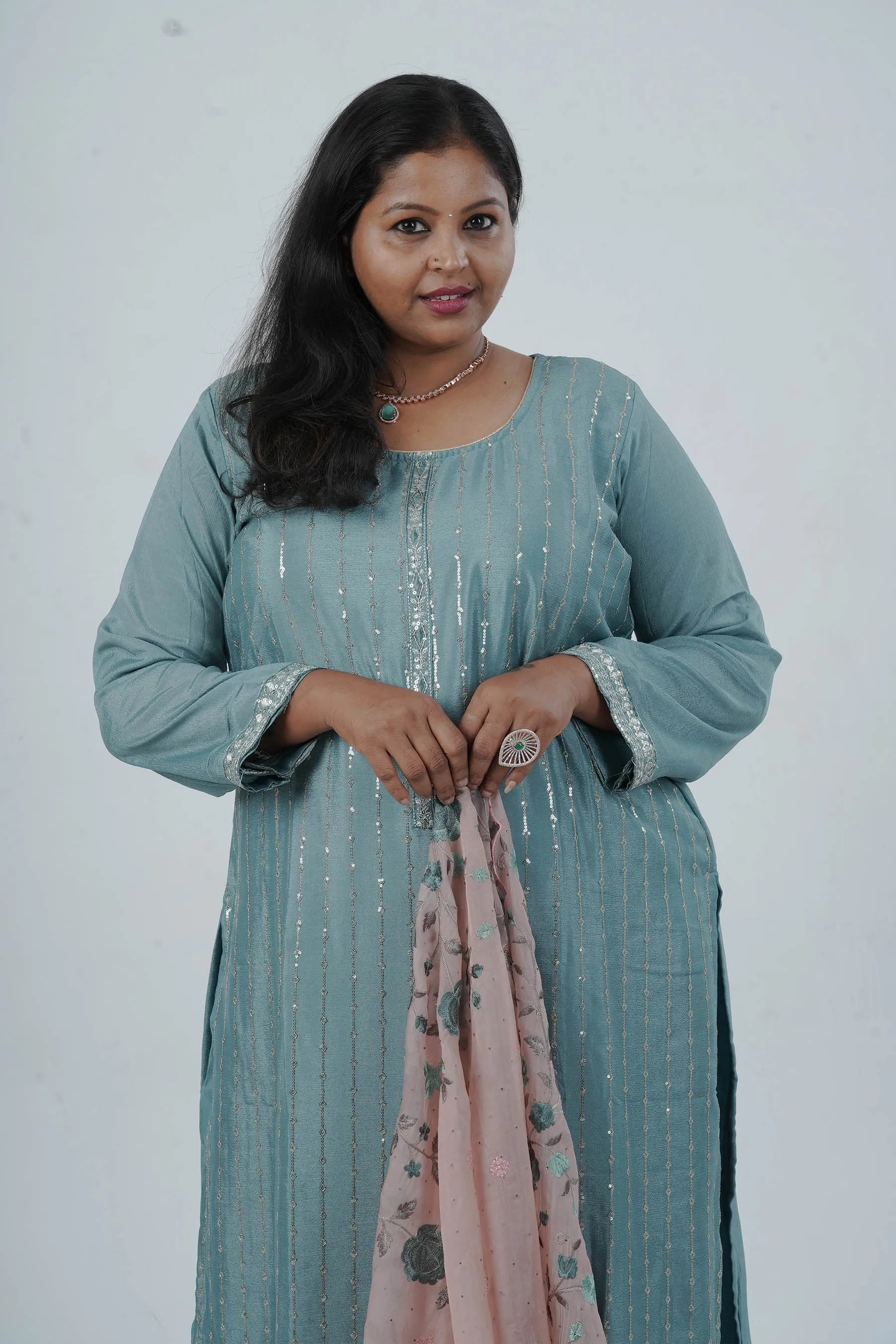 Exquisite Embroidered Chinnon Salwar Kamaz: Elegant Kurti with Sequins Work
