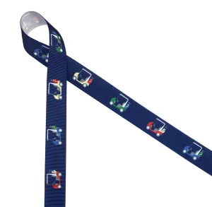 Golf carts in yellow, blue, red and green with golf clubs on a navy blue background printed on 7/8" white grosgrain