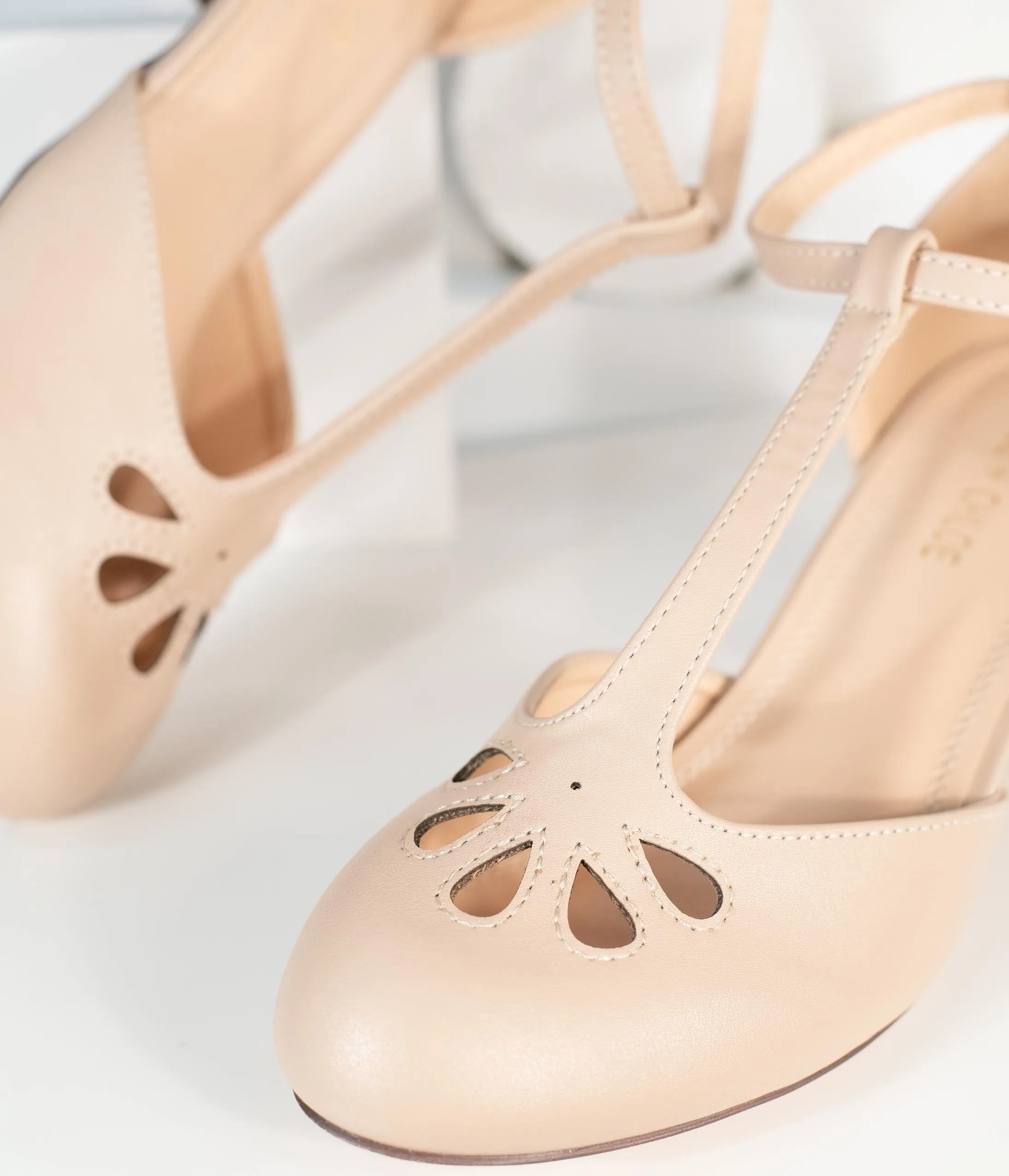 Light Beige Leatherette Minny T-Strap Heels