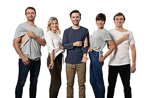 MAI Post Shoulder Surgery Shirts | Chemo Clothing | Women Short Sleeve Shirt | Easy Snaps on Shirt Sides and Full Arm Opening | Soft Fabric | Dialysis Clothing Heather Gray | Adaptive Clothing
