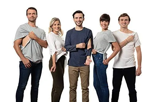 MAI Post Shoulder Surgery Shirts | Chemo Shirts for Port Access | Men Short Sleeve Shirt | Easy Snaps on Shirt Sides and Full Arm Opening | Dialysis Clothing (White, L)