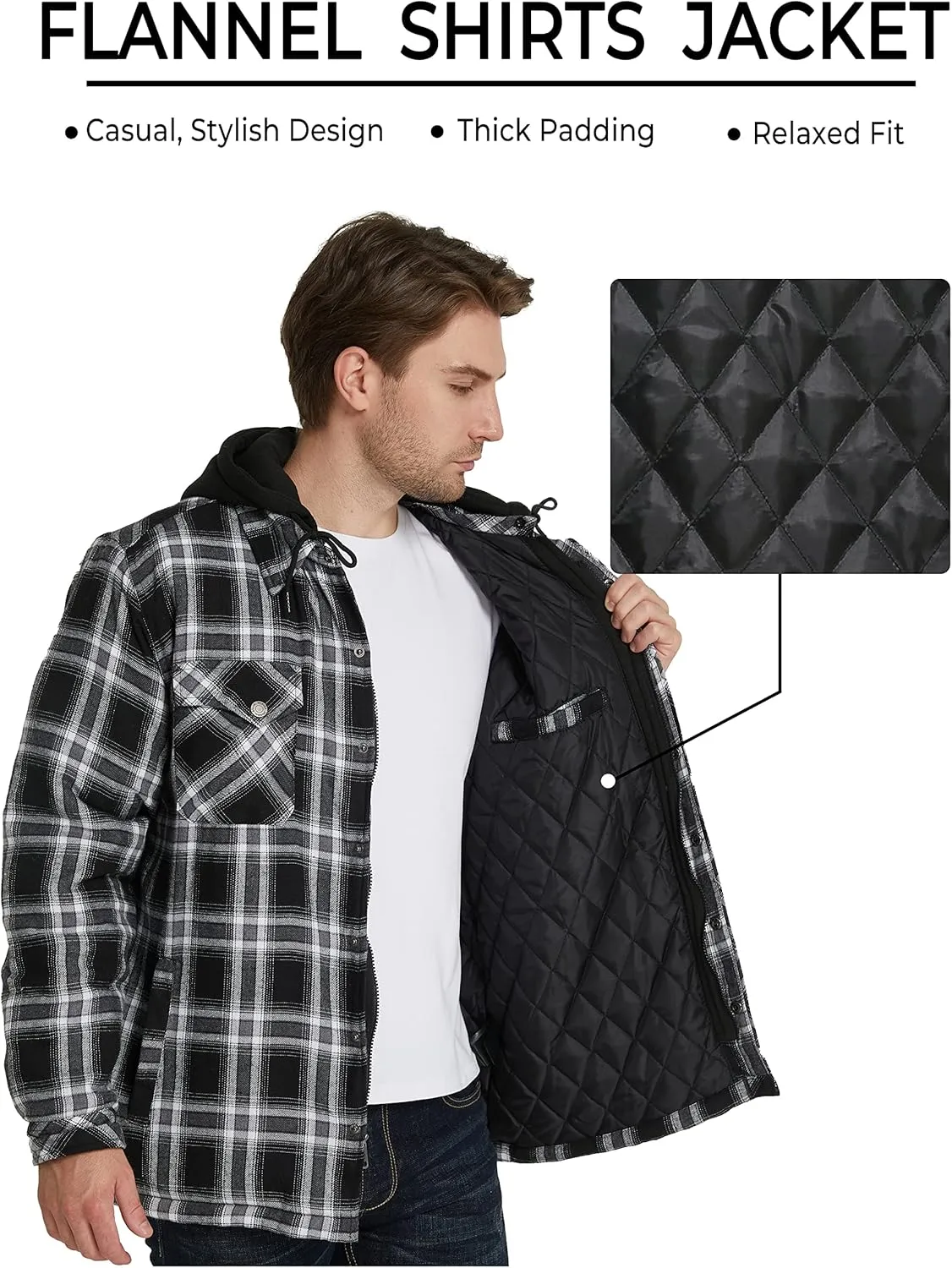 Men's Thicken Plaid Flannel Quilted Shirts Jacket with Removable Hood