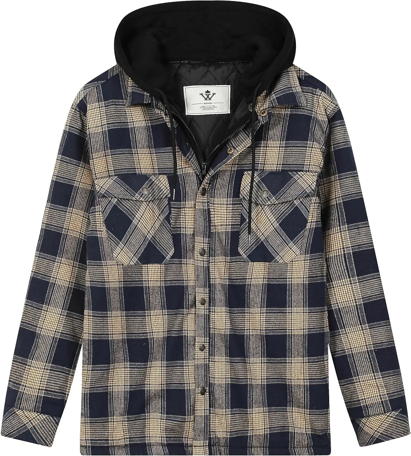 Men's Thicken Plaid Flannel Quilted Shirts Jacket with Removable Hood