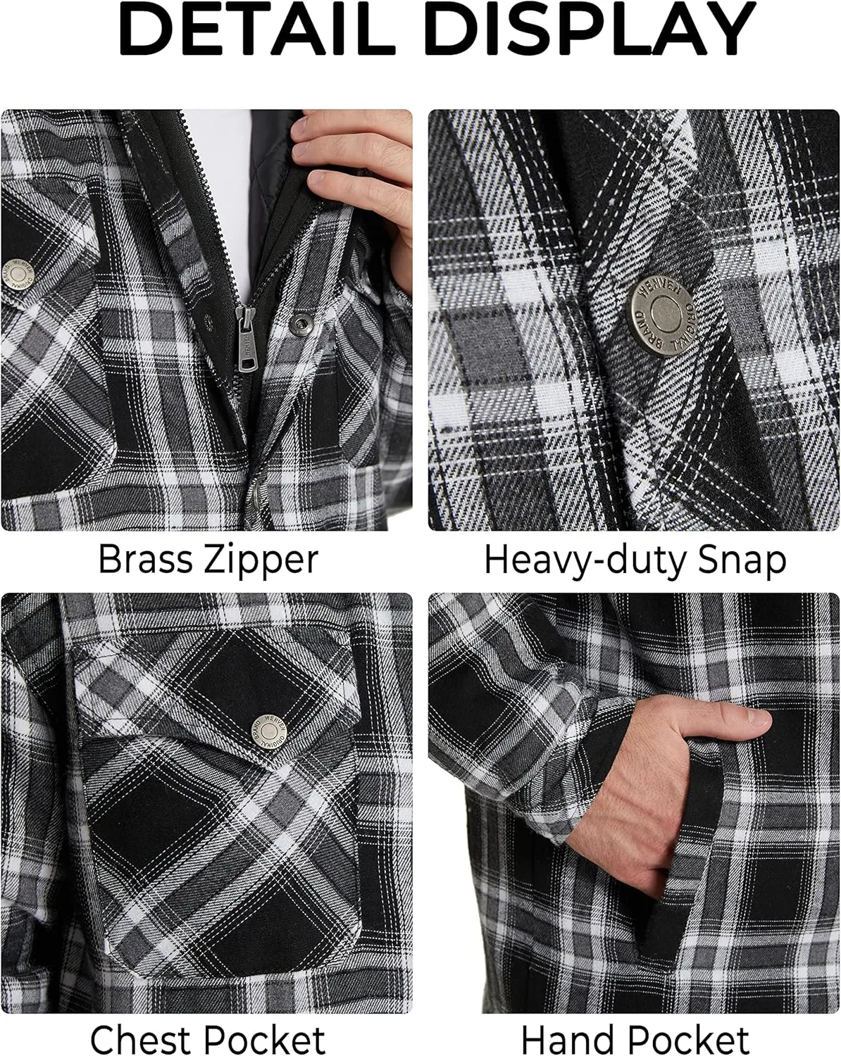 Men's Thicken Plaid Flannel Quilted Shirts Jacket with Removable Hood