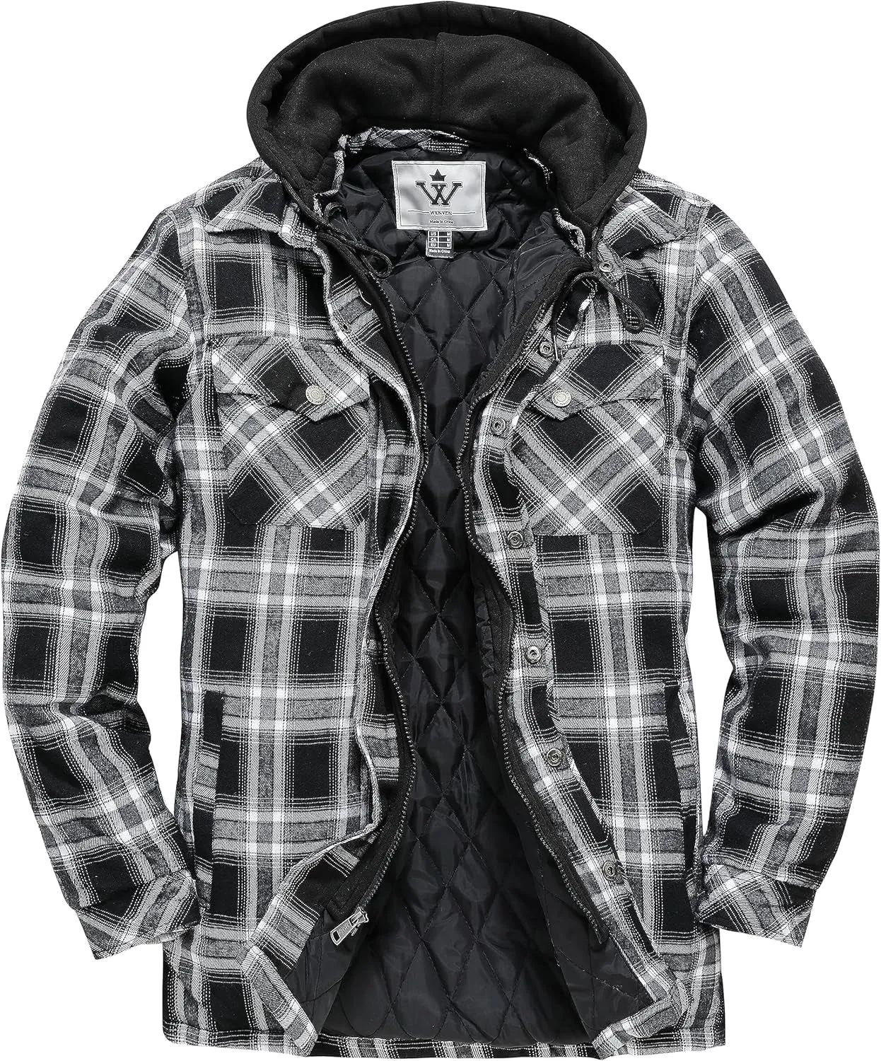 Men's Thicken Plaid Flannel Quilted Shirts Jacket with Removable Hood