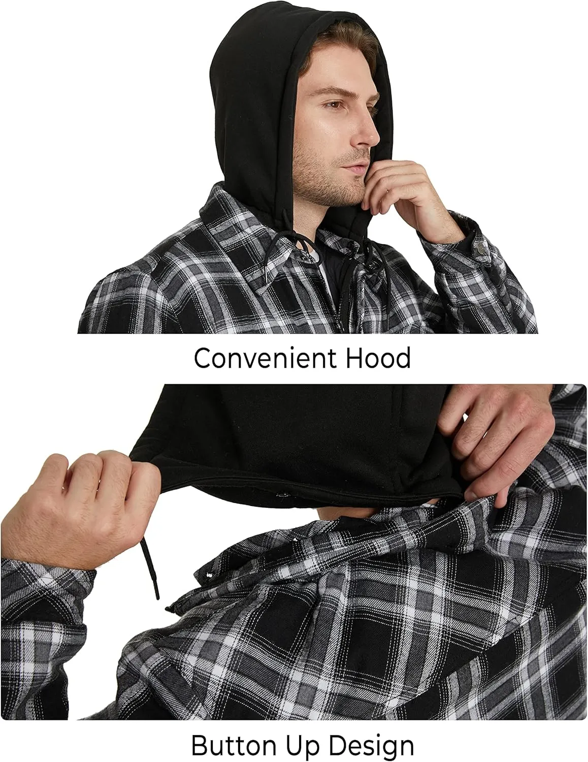 Men's Thicken Plaid Flannel Quilted Shirts Jacket with Removable Hood