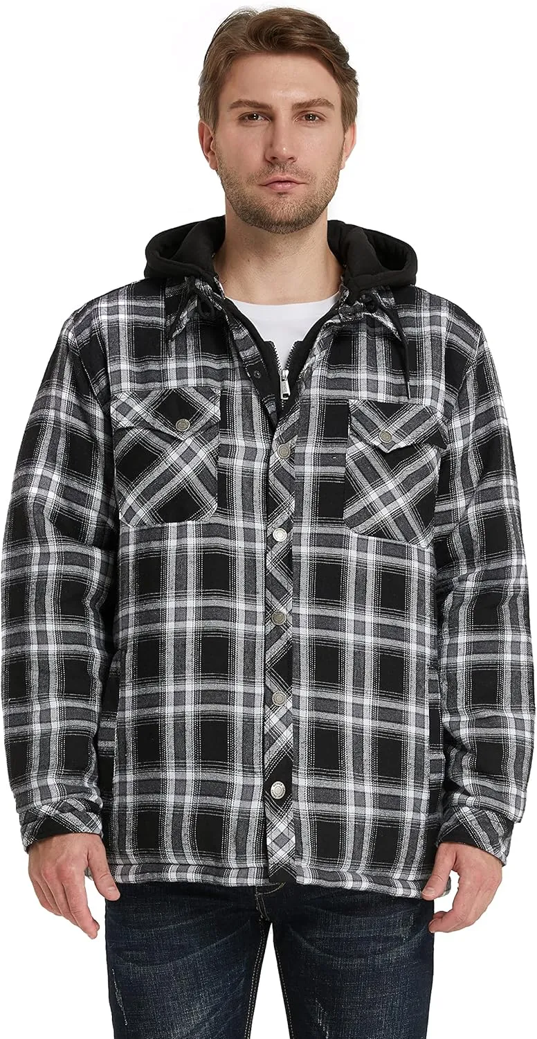 Men's Thicken Plaid Flannel Quilted Shirts Jacket with Removable Hood
