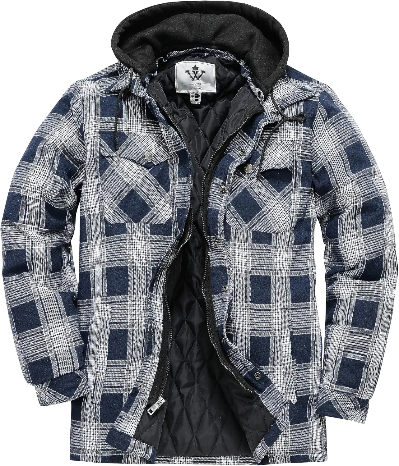Men's Thicken Plaid Flannel Quilted Shirts Jacket with Removable Hood
