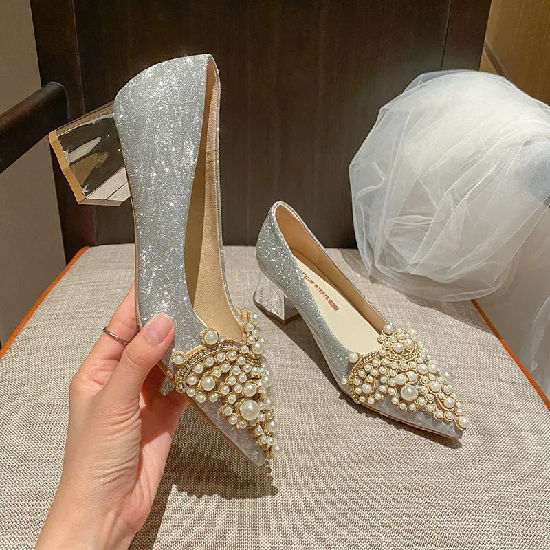 Pearl Beading Sexy Block Heels