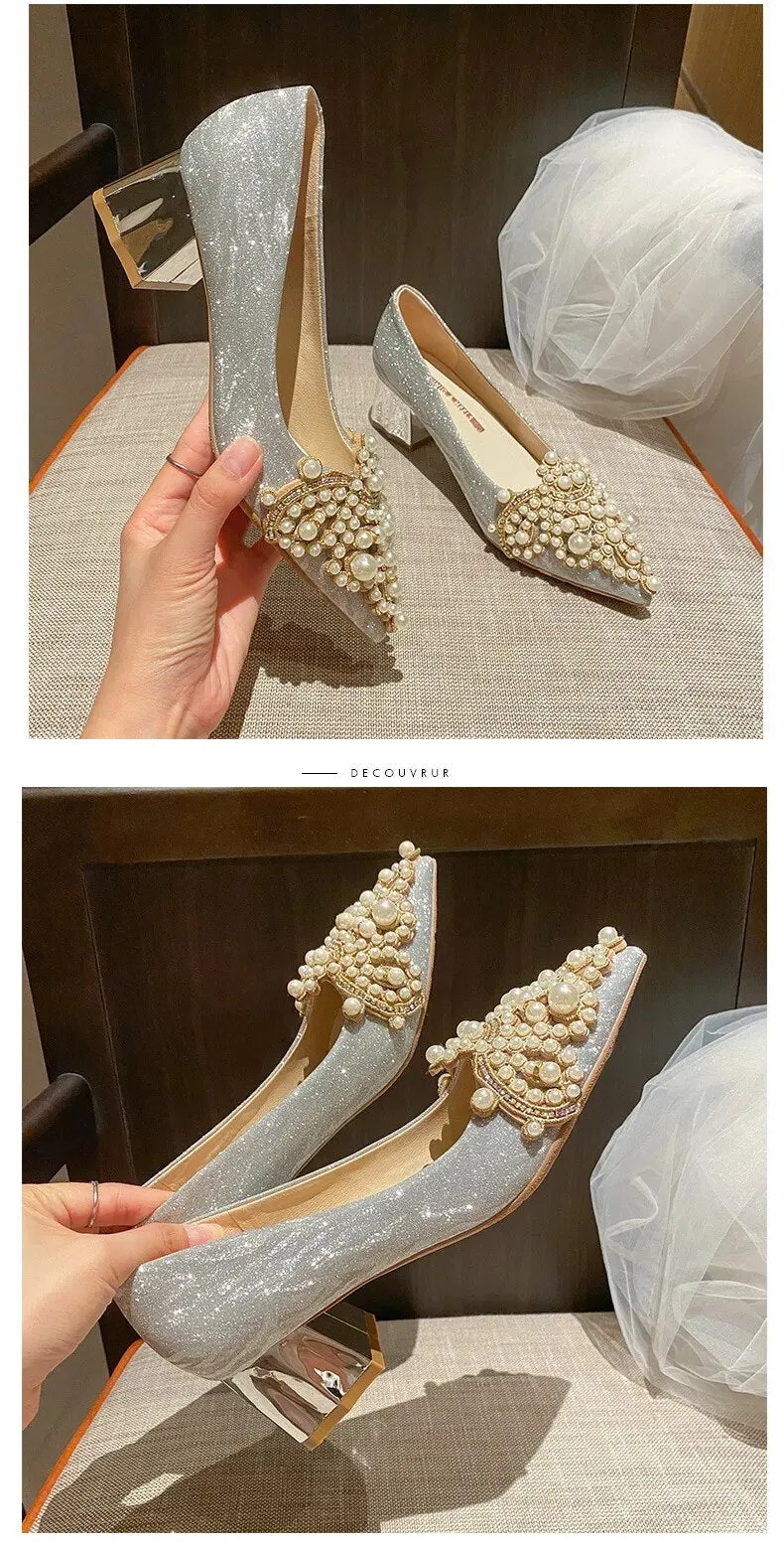 Pearl Beading Sexy Block Heels