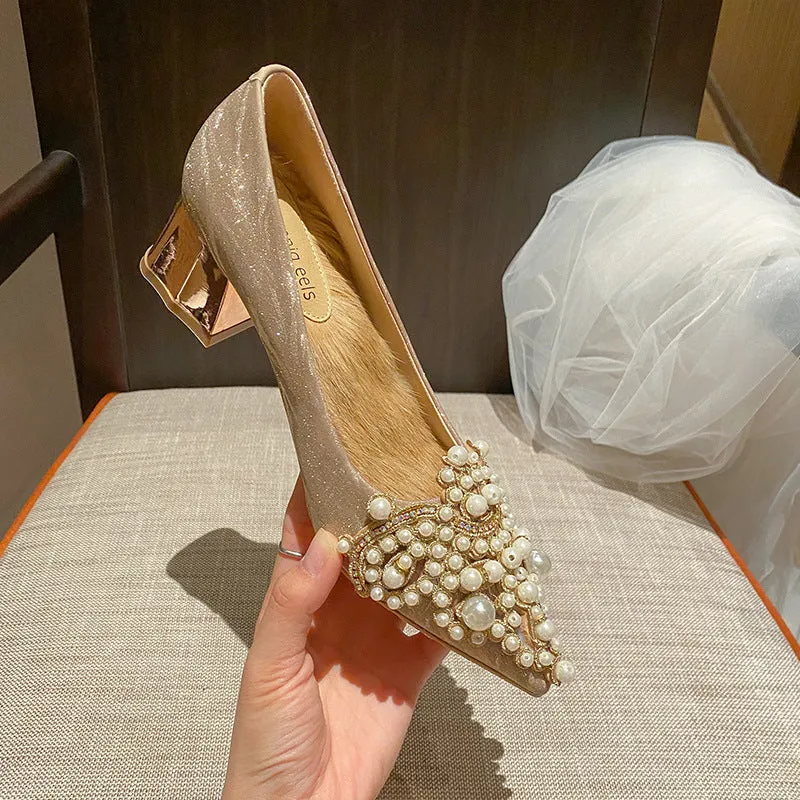 Pearl Beading Sexy Block Heels