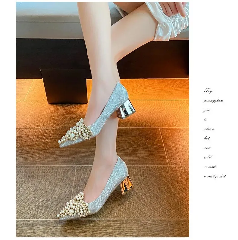 Pearl Beading Sexy Block Heels