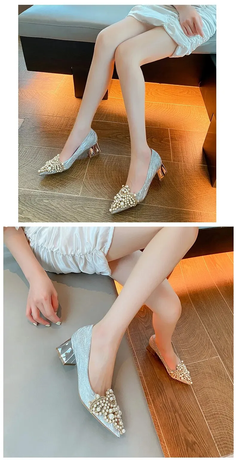 Pearl Beading Sexy Block Heels