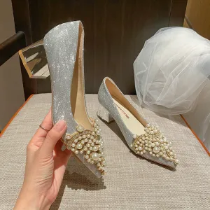 Pearl Beading Sexy Block Heels