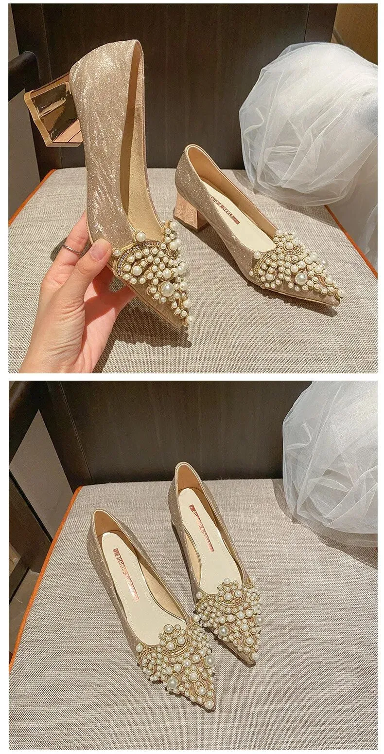Pearl Beading Sexy Block Heels