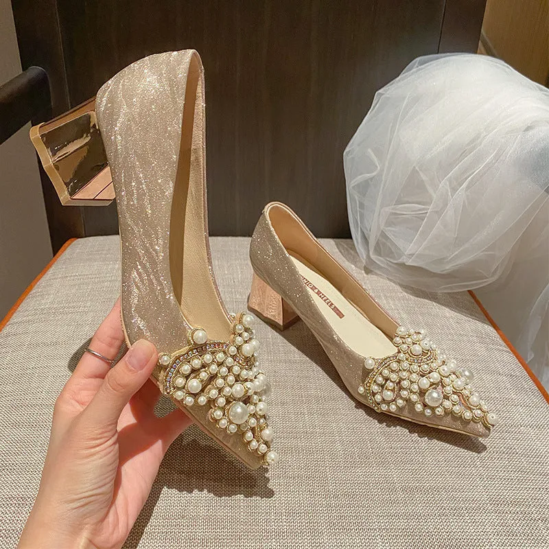 Pearl Beading Sexy Block Heels