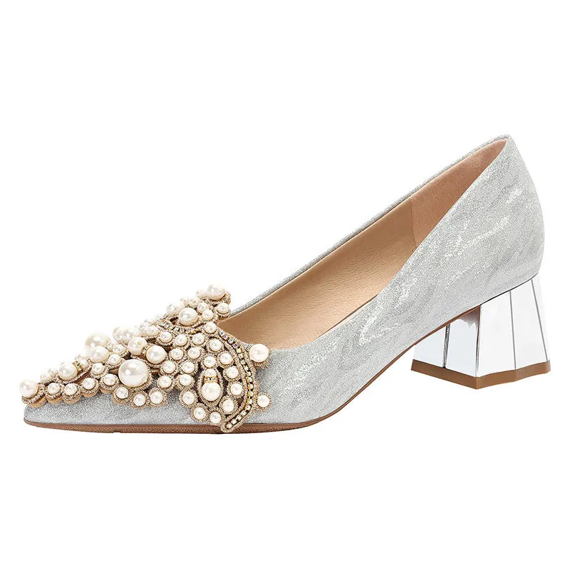 Pearl Beading Sexy Block Heels
