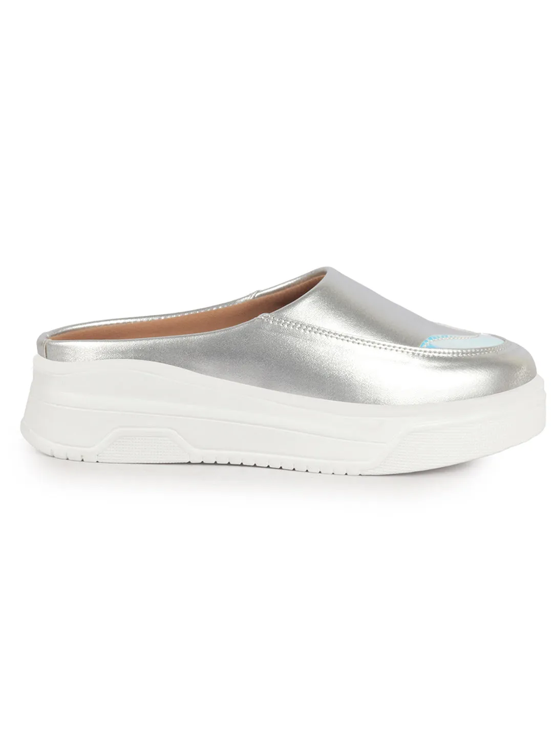 Women Silver Classic Height Enhancer Embellished Back Open Slip On Mule Shoes|All Season Casual Slip On Shoe