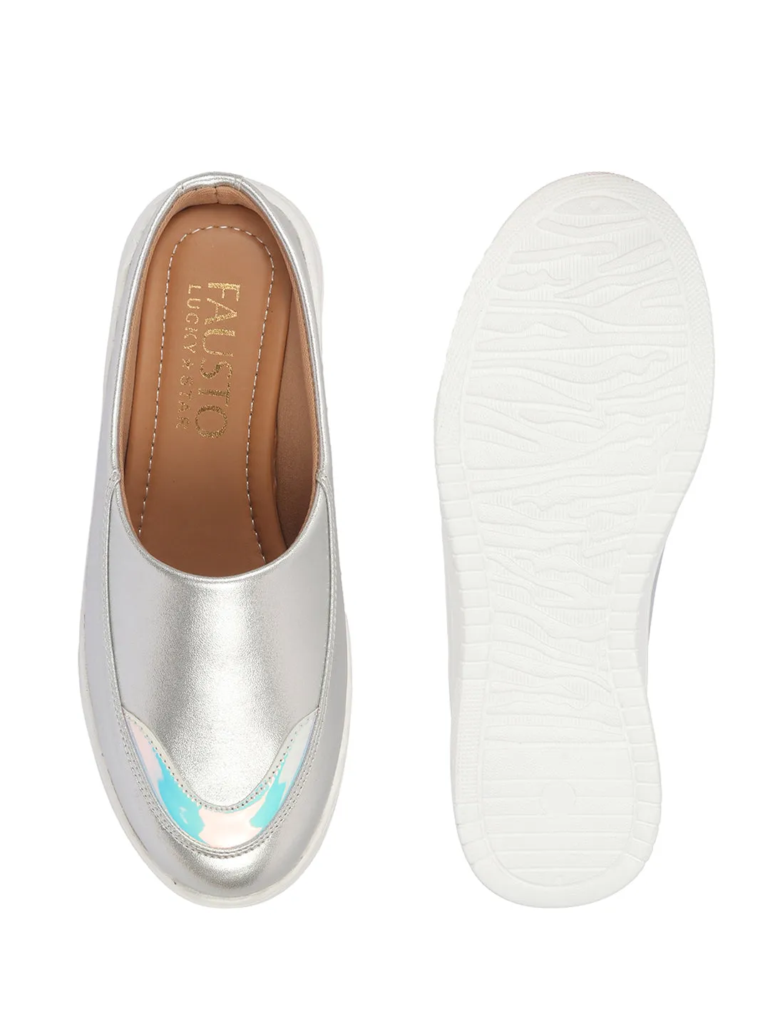 Women Silver Classic Height Enhancer Embellished Back Open Slip On Mule Shoes|All Season Casual Slip On Shoe