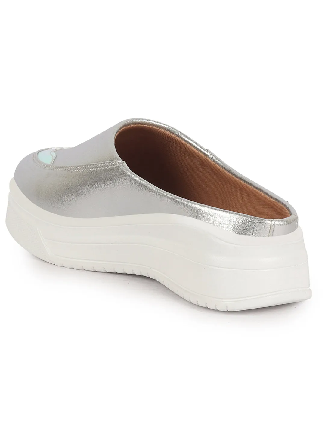 Women Silver Classic Height Enhancer Embellished Back Open Slip On Mule Shoes|All Season Casual Slip On Shoe