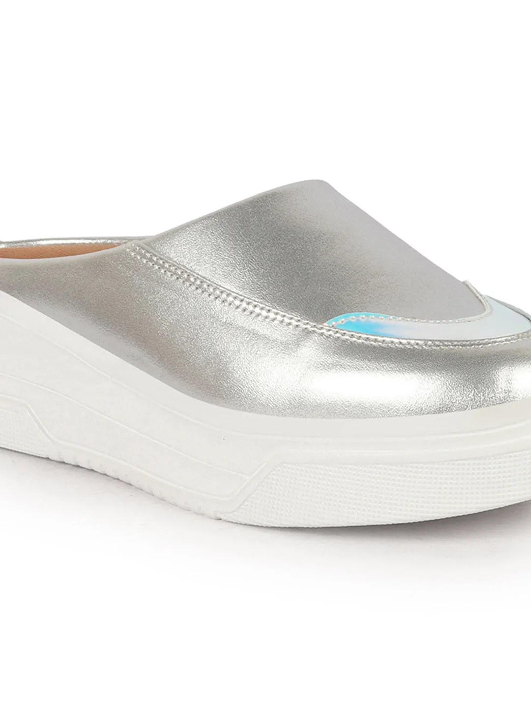 Women Silver Classic Height Enhancer Embellished Back Open Slip On Mule Shoes|All Season Casual Slip On Shoe