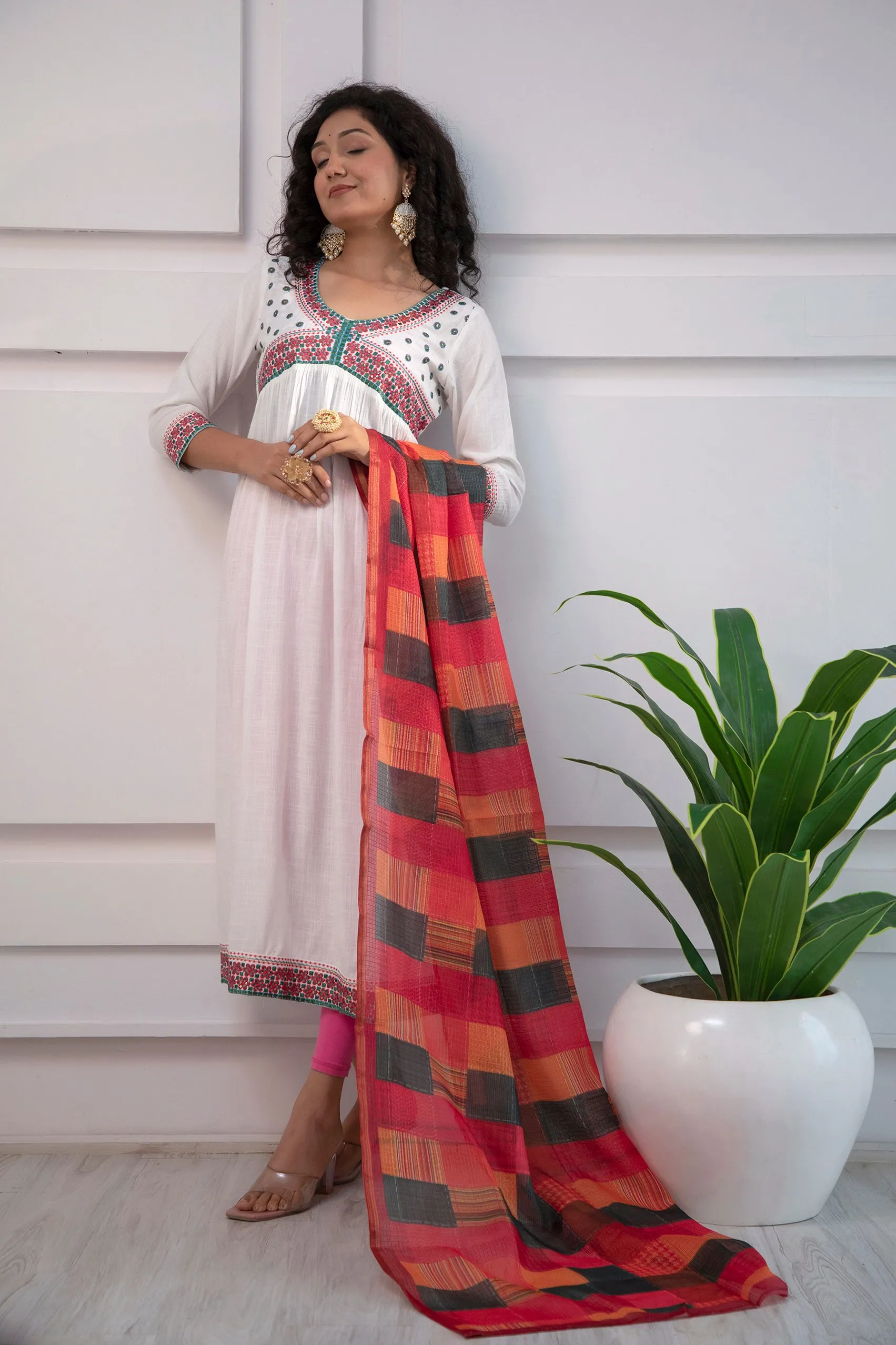 Women's Rayon White Alia Cut A-Line Kurta and Dupatta Set