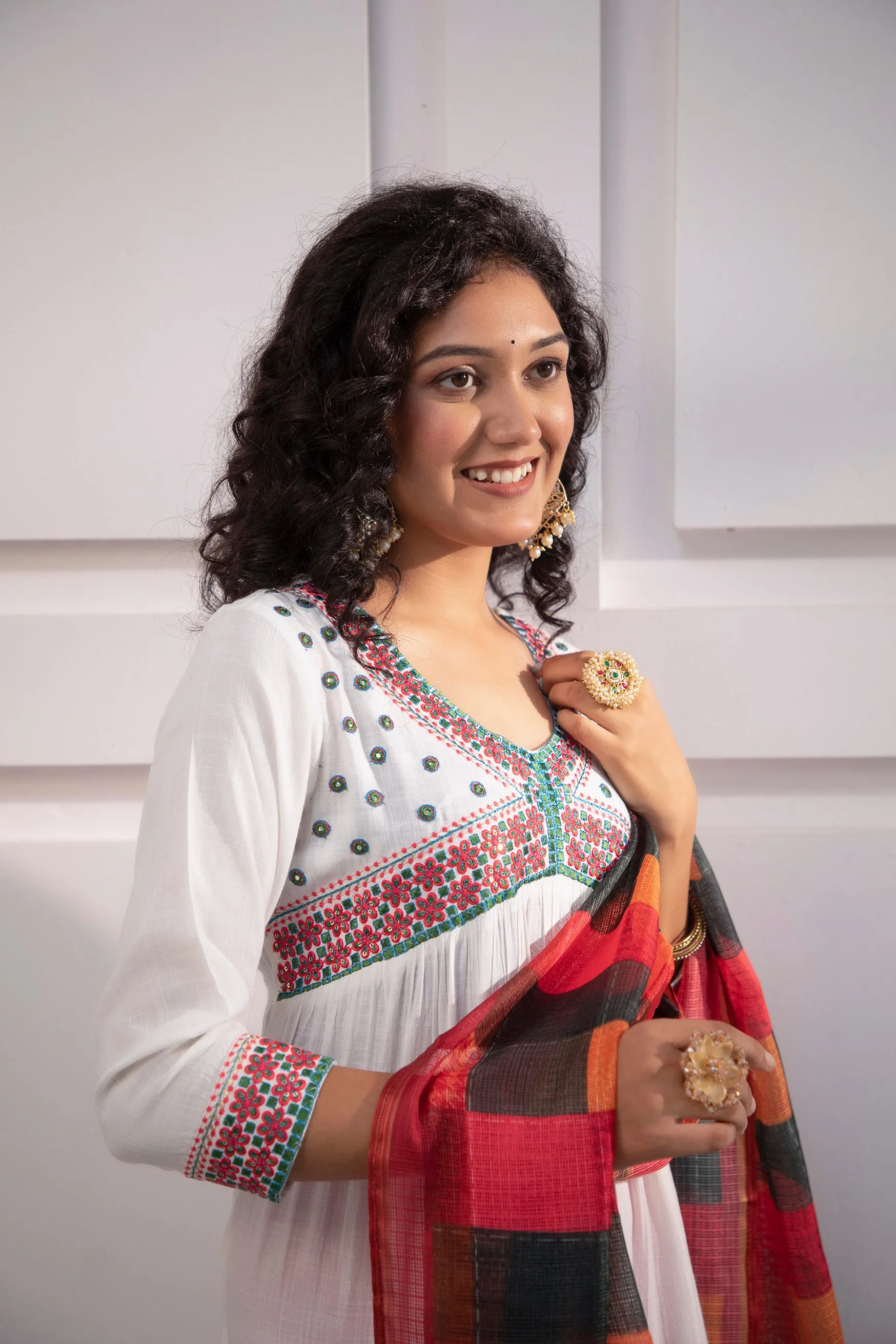 Women's Rayon White Alia Cut A-Line Kurta and Dupatta Set