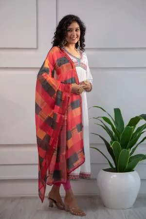 Women's Rayon White Alia Cut A-Line Kurta and Dupatta Set