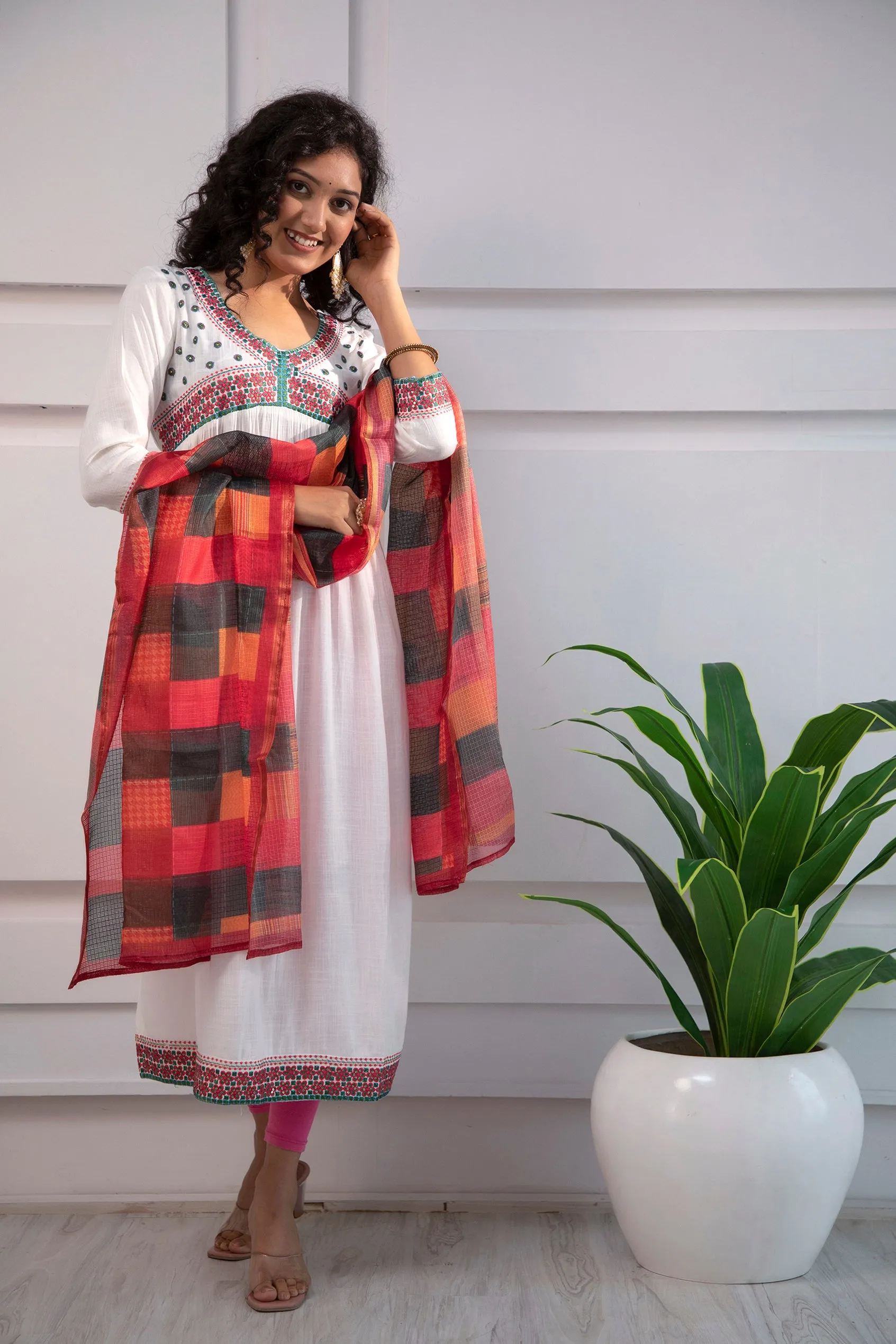 Women's Rayon White Alia Cut A-Line Kurta and Dupatta Set