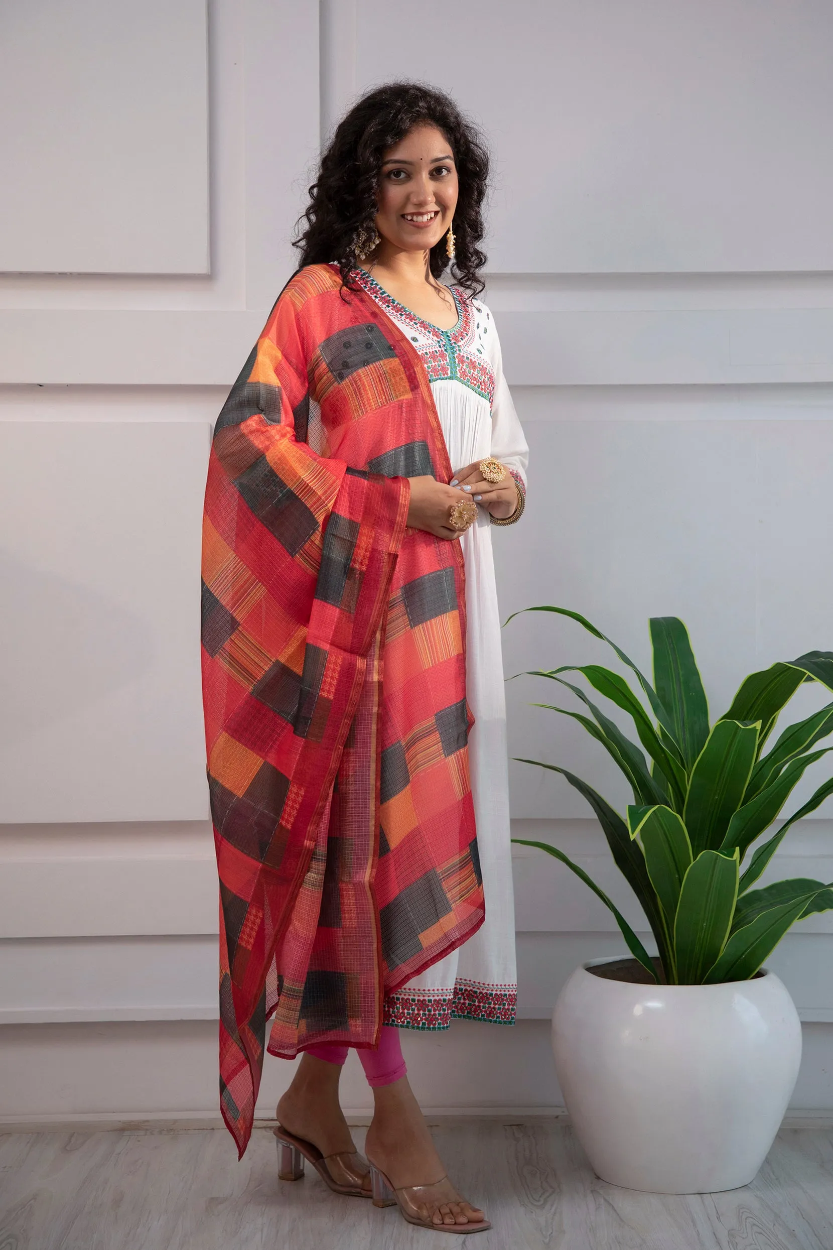 Women's Rayon White Alia Cut A-Line Kurta and Dupatta Set