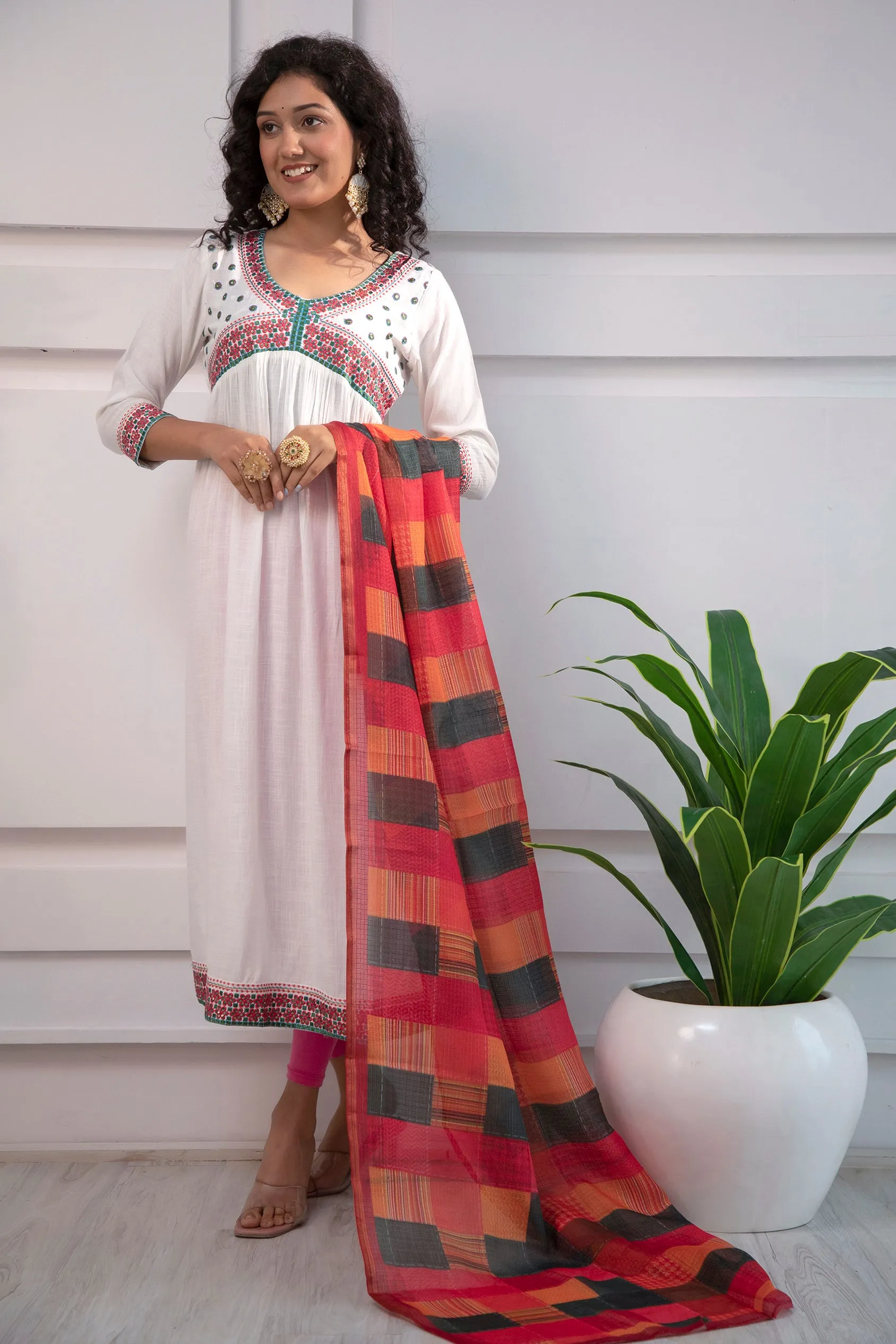 Women's Rayon White Alia Cut A-Line Kurta and Dupatta Set